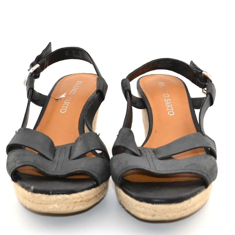 Franco Sarto Wedge Sandals Women 8 Black Espadrille Leather Women‎ Peep Toe